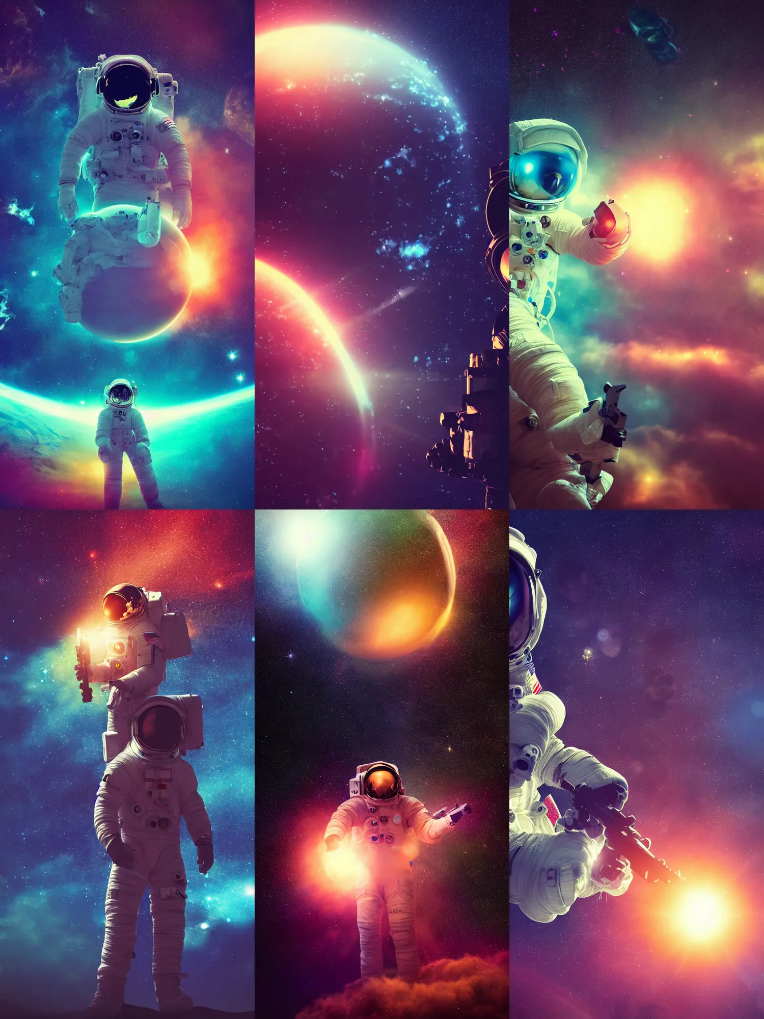 Prompt: high detail photo of an astronaut holding a gun floating in space inside magic colorful glowing sparkling fog, circular planet behind it, starry sky, tranquil, desolate, atmospheric, hazy, autochrome, 8k, reflections, octane render, unreal engine 5