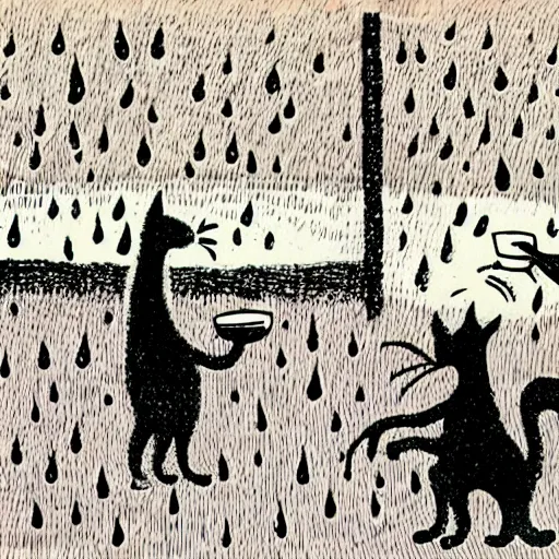 Prompt: cats drinking coffee, amongst coffee bean rain, illustrated in styles of Maurice Sendak, Tove Jansson