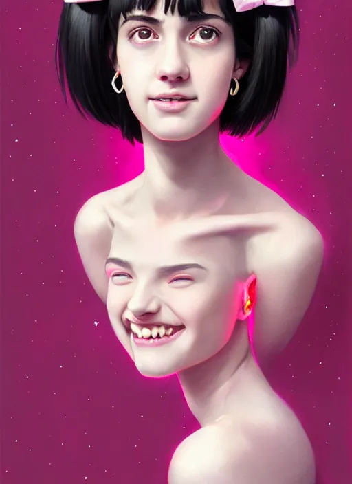 Image similar to portrait of high school girl, realistic, black hair, bangs, half updo hairstyle, pointy nose, skinny, smile, ugly, defined jawline, big chin, pink hair bow, earrings, intricate, elegant, glowing lights, highly detailed, digital painting, artstation, sharp focus, illustration, art by wlop, mars ravelo and greg rutkowski