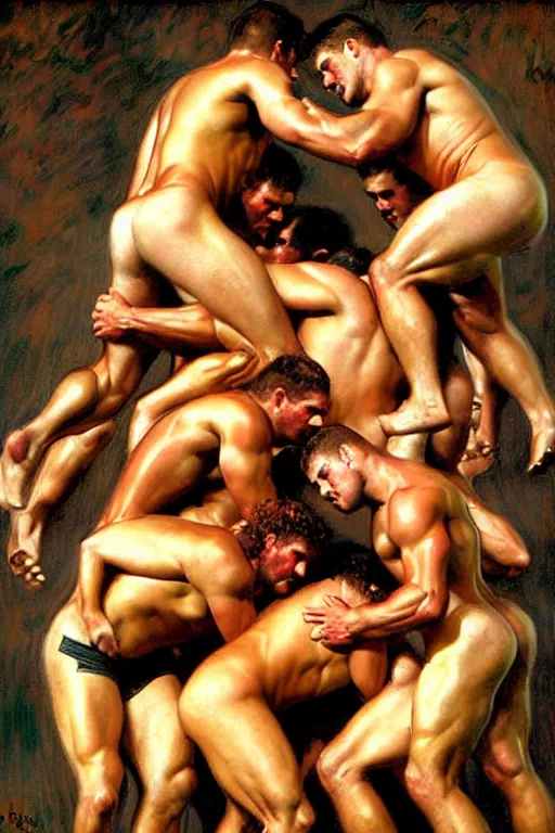 Prompt: muscular rugby players in a scrum painting by gaston bussiere, craig mullins, j. c. leyendecker, tom of finland