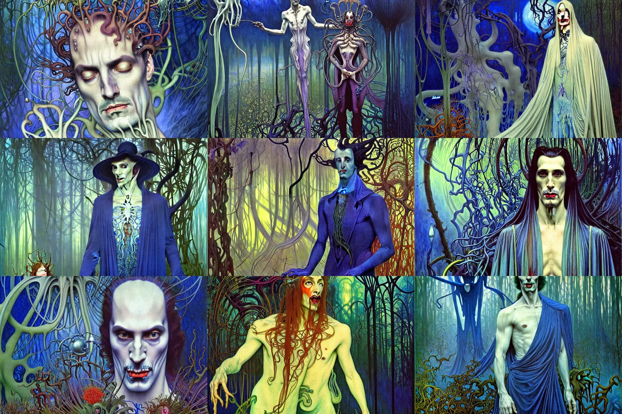 Prompt: realistic detailed portrait painting of a beautiful ghost man dressed as dracula, futuristic sci-fi forest on background by Jean Delville, Amano, Yves Tanguy, Alphonse Mucha, Ernst Haeckel, Edward Robert Hughes, Roger Dean, rich moody colours, blue eyes