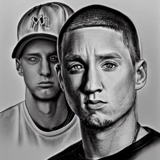 Prompt: hyper realistic pencil drawing of eminem holding a bag of m&m