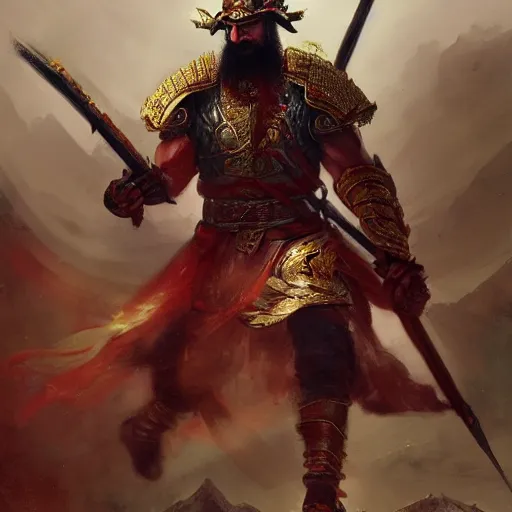 Image similar to guan yu fighting enemy soldiers, chinese military general, high detail, dramatic light, digital art, painted by seb mckinnon, painted by greg rutkowski, trending on artstation