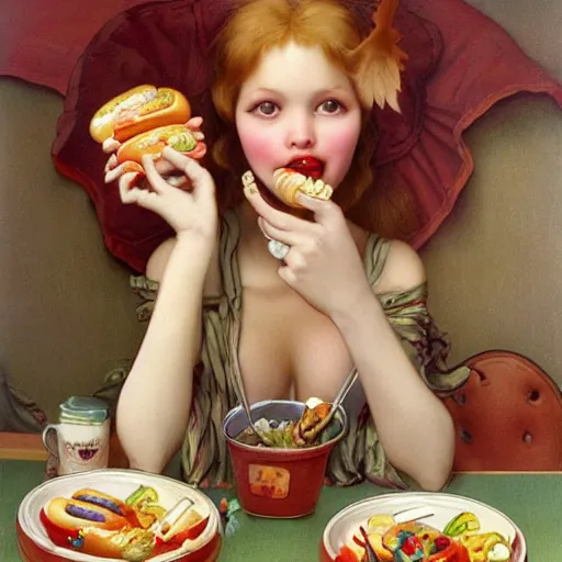 Image similar to hot dogs and yogurt is a messy eating contest, wlop, elvgren, mucha, mark ryden