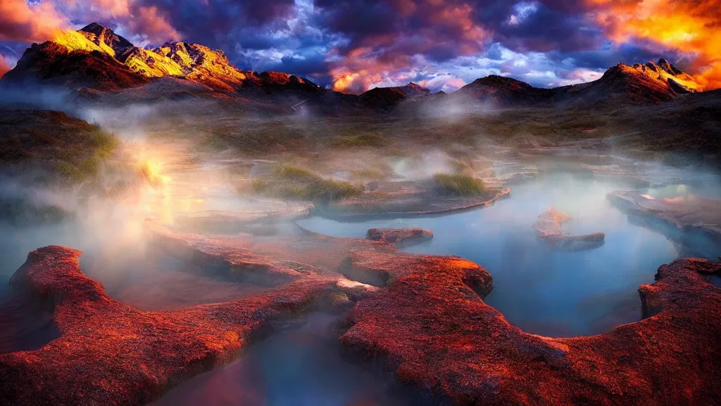 Image similar to amazing landscape photo of hot springs by marc adamus, beautiful dramatic lighting