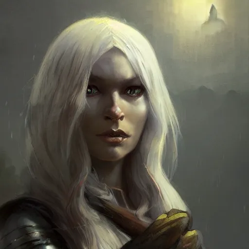 Prompt: closeup portrait of drow, dungeons and dragons character, dramatic lighting, castle background, gorgeous view, realistic, high detail, digital art, painted by greg rutkowski, painted by jeremy mann, painted by alphonse mucha, trending on artstation