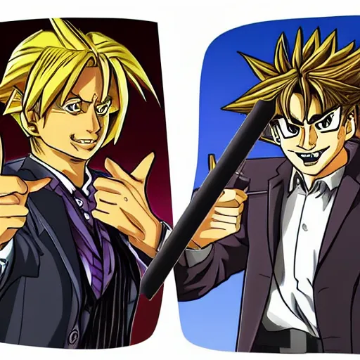 Image similar to Saul Goodman duels Yugi Moto, Yu-Gi-Oh, anime, highly detailed