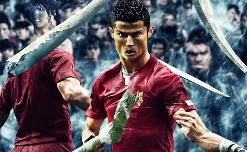 Prompt: a still of Cristiano Ronaldo as Gattsu in Berserk live action,