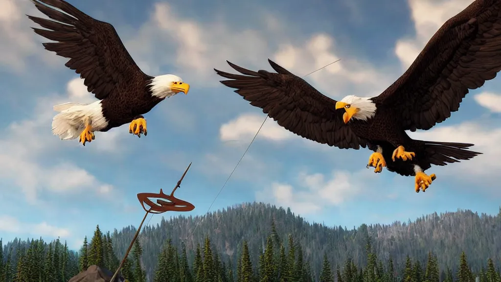 Prompt: a dog with a trident flying with a bald eagle, bald eagle, patriotic, highly detailed, unreal engine