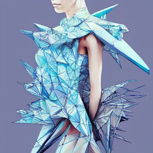 Image similar to 3 / 4 view of a ballerinal wearing an origami dress, eye - level medium shot, elegant, by eiko ishioka, givenchy, philippe druillet, by peter mohrbacher, centered, fresh colors, origami, fashion, detailed illustration, vogue, high depth of field, japanese, reallusion character creator