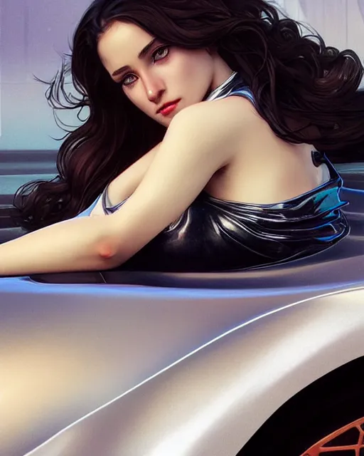 Image similar to car show girl with low cut shiny dress sit on sports car. symmetry face, fine details, intricate, elegant, sharp focus, illustration, matte, art by wlop and artgerm and greg rutkowski and alphonse mucha, raytracing, octane, trending on artstation