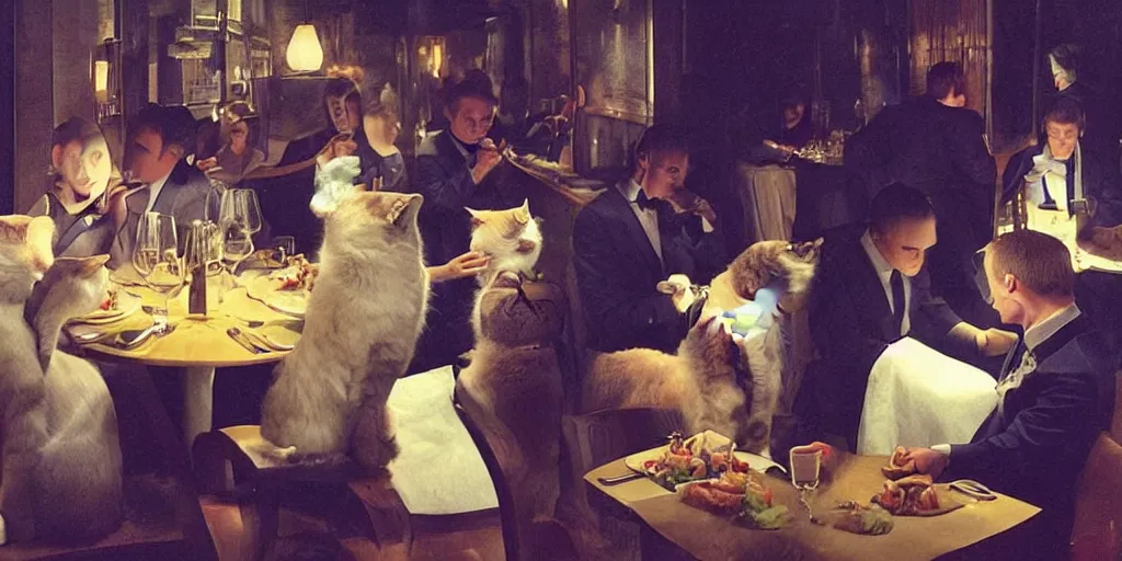 Image similar to cats and dogs wearing suits and dresses eating dinner at a restaurant, very atmospheric lighting, award winning photo, masterpiece