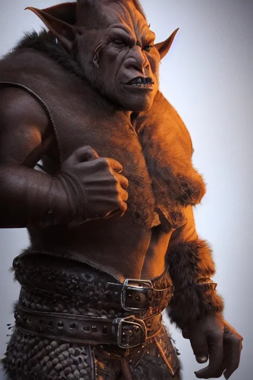 Image similar to A full body shot of a handsome orc!!! looking into the camera wearing a leather fur jacket and boots, full body shot, detailed face, portrait, artstation, realistic, highly detailed, symmetrical, D&D, Dungeons & Dragons, hyper realistic, dynamic pose, high detail, octane render, unreal engine, 8k, fantasy art, highly detailed, dramatic lighting, concept art