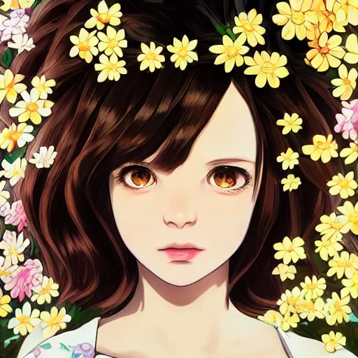 Prompt: little brunette girl with flowers in hair wearing an white dress. art by ilya kuvshinov, profile picture, inspired in hirohiko araki, highly detailed, 8 0 s anime art style, vogue cover