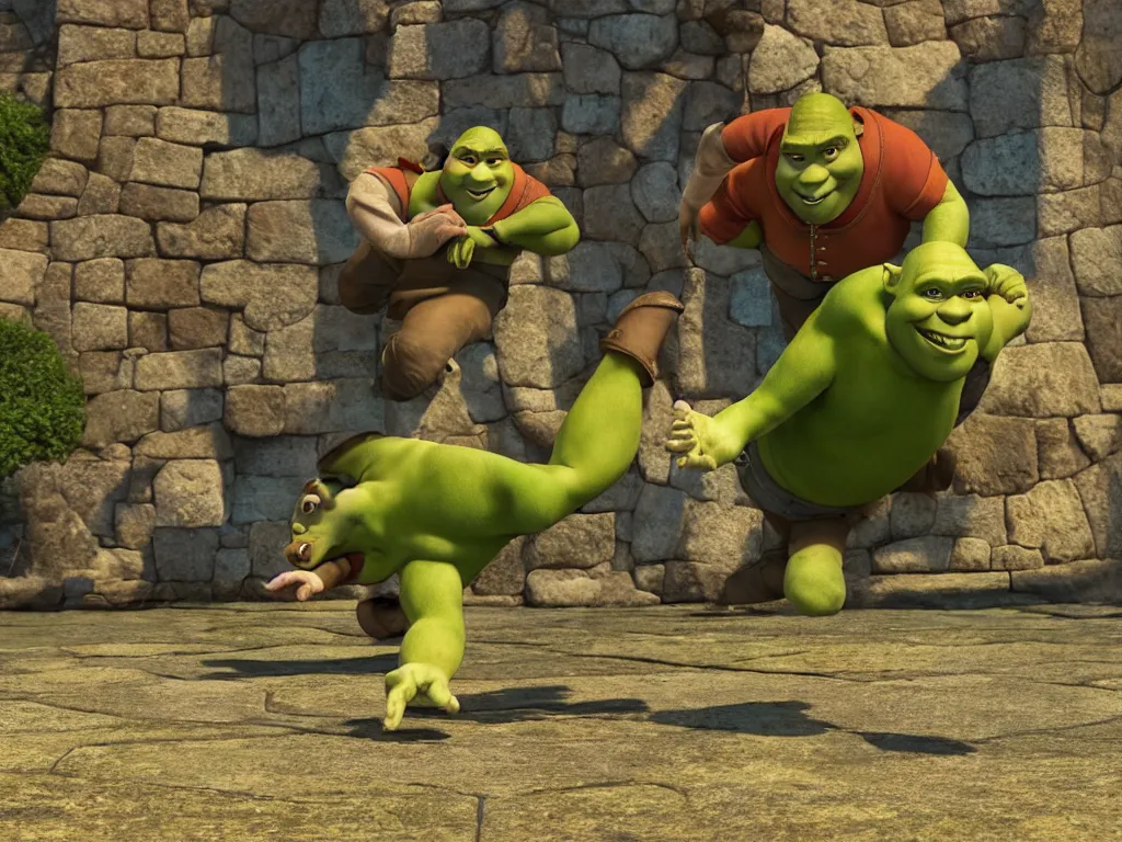 Image similar to shrek breakdancing while lord farquaad is in the back being impressed, High Definition detail, 8K, photography