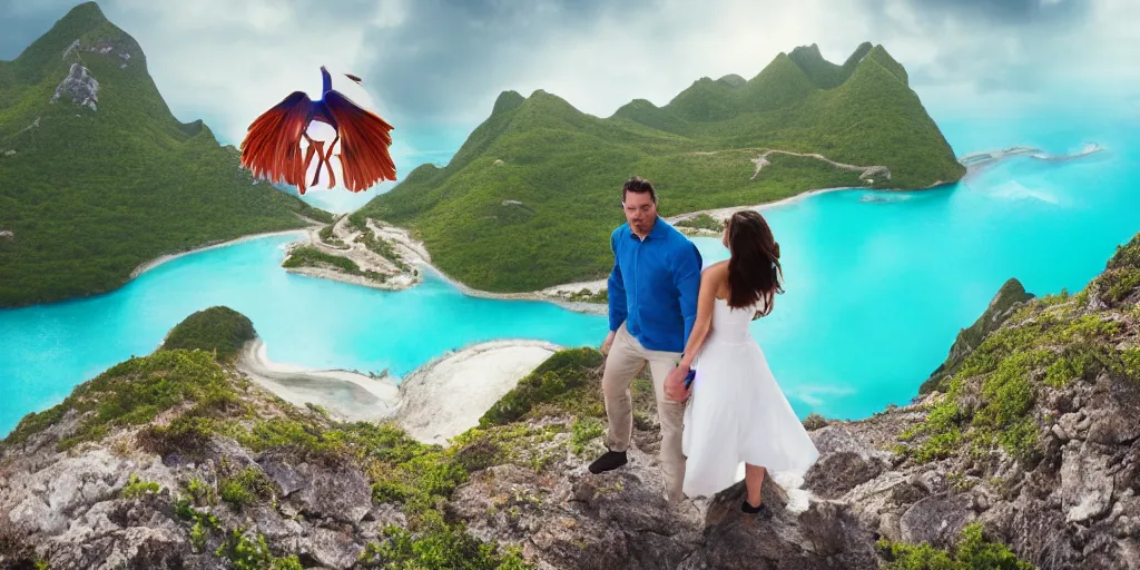 Prompt: a beautiful couple holding their hands on a cloud high above emerald lagoon of Sint-Marteen with a speaker with visible music coming from, mattepainting concept Blizzard, teal and orange tone, beautiful and breathtaking