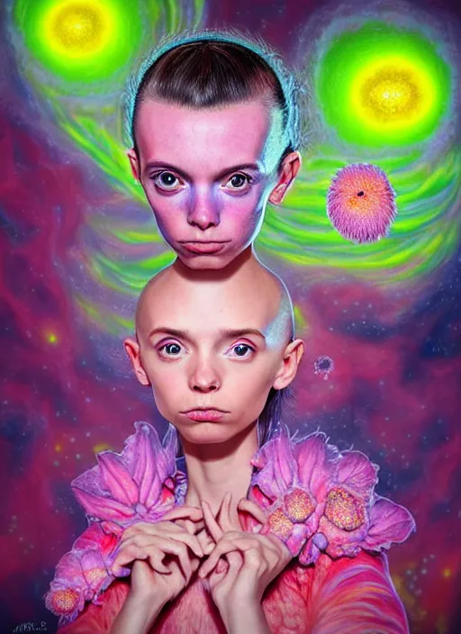 Image similar to hyper detailed 3d render like a Oil painting - kawaii portrait Aurora (an astronaut girl with suit like a skeksis from dark crystal that looks like millie bobby brown and Krysten Ritter) seen Eating of the Strangling network of yellowcake aerochrome and milky Fruit and His delicate Hands hold of gossamer polyp blossoms bring iridescent fungal flowers whose spores black the foolish stars by Jacek Yerka, Ilya Kuvshinov, Mariusz Lewandowski, Houdini algorithmic generative render, Abstract brush strokes, Masterpiece, Edward Hopper and James Gilleard, Zdzislaw Beksinski, Mark Ryden, Wolfgang Lettl, hints of Yayoi Kasuma, octane render, 8k