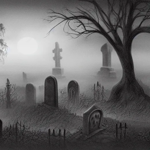 Prompt: an eerie graveyard with ancient tombstones, misty, strands of fog, tomb in background, dark trees arching frame, creepy, night, finely detailed black and white pencil drawing