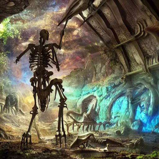 Prompt: a quartz cracked geode containing a dinosaur skeleton, iridescent colors, fairy atmosphere, matte-painting