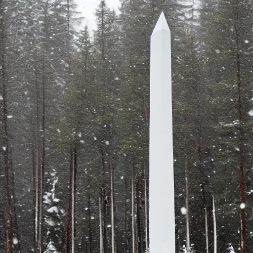 Image similar to a large, white obelisk floating above the ground in a taiga. snowing, grainy, overcast sky,