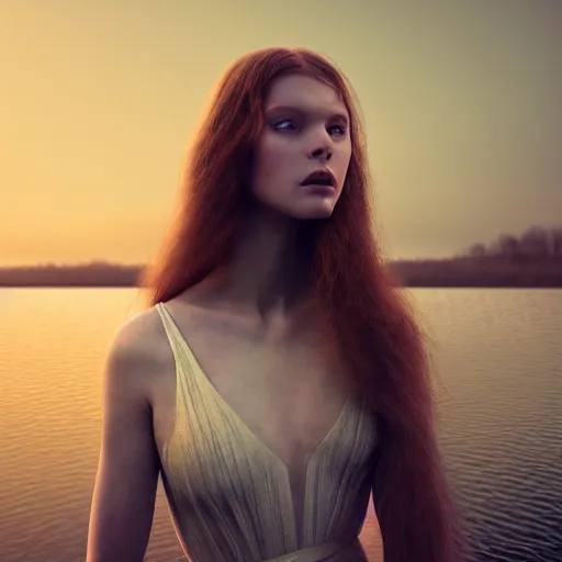 Image similar to photographic portrait of a stunningly beautiful siberian renaissance female in soft dreamy light at sunset, beside the river, soft focus, contemporary fashion shoot, in a denis villeneuve and tim burton movie, by edward robert hughes, annie leibovitz and steve mccurry, david lazar, jimmy nelsson, extremely detailed, breathtaking, hyperrealistic, perfect face, octane render