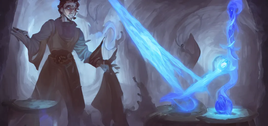 Prompt: 'stylized D&D wizard character, handsome young necromancer casting a spell to reanimate a corpse inside a dungeon chamber with eerie blue lighting'