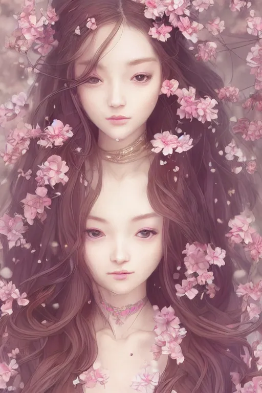 Image similar to romantic and fashion and love princess of the flower with sheath dress, 8 k realistic, teenager girl, baroque, symmetrical, flowing hair, smile, trending pinterest and pixiv, muted colors, hyperrealistic, l close up shot, character concept art, face by kyoung hwan kim, alexandra fomina, ilya kuvshinov