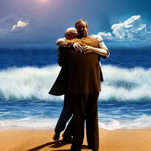 Image similar to Walter White hugging Saul Goodman on the beach, artistic, 8k, cinematic