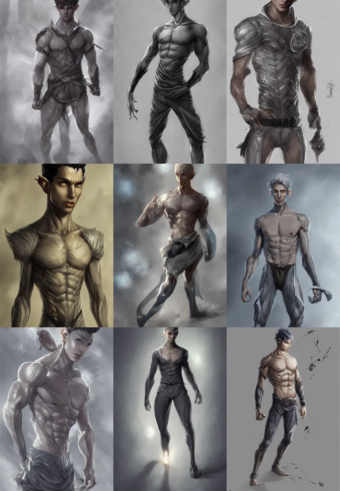 Prompt: a cute calm handsome young adult male muscular slim blu skin elf with grey light tight clothes concept art in the style of lee bermejo and greg rutkowski