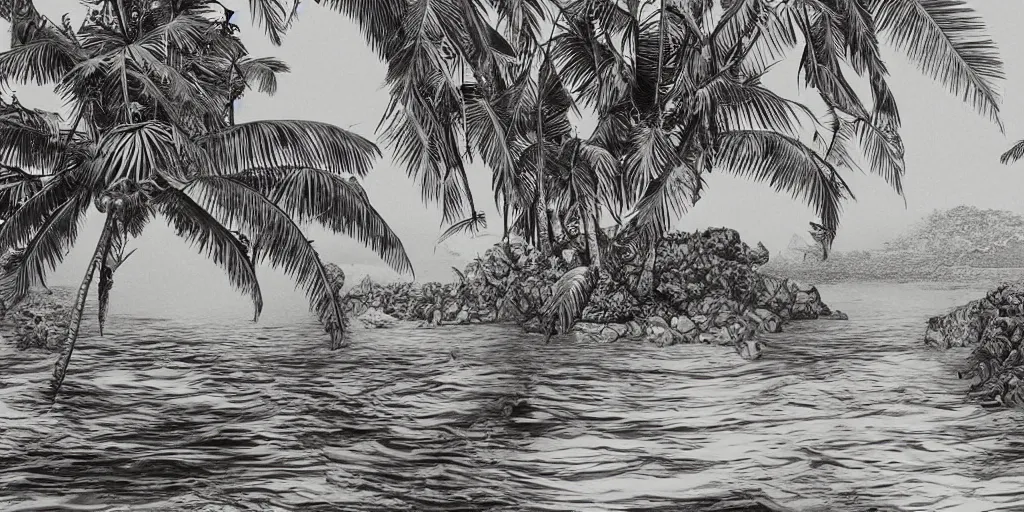 Prompt: tropical island, 8 k, high resolution, detailed charcoal drawing, beautiful hd, art nouveau, concept art, colourful artwork, in the style of konrad cramer