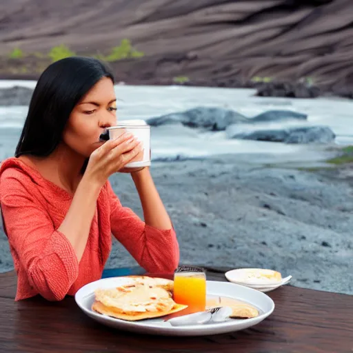 Image similar to a DSLR of a woman having breakfast next to a river of Lava, 4K