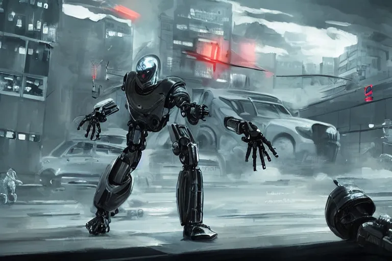 Image similar to modern day reimagining of an evil robocop terrorizing the public. concept art. realistic. cinematic.