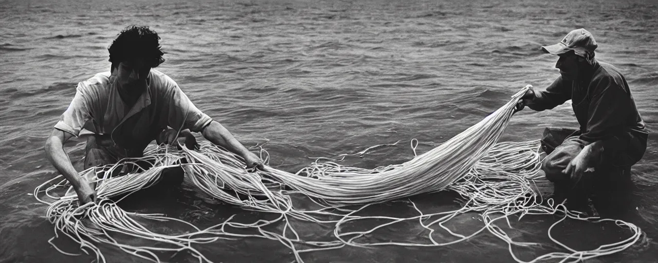 Image similar to fisherman pulling up a fresh catch of spaghetti from the ocean, canon 5 0 mm, cinematic lighting, photography, wes anderson, film, kodachrome