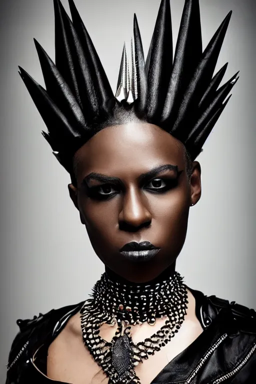 Image similar to a black african genderqueer person in a black leather outfit with spikes on their head, a high fashion character portrait by christen dalsgaard, featured on behance, gothic art, androgynous, genderless, gothic