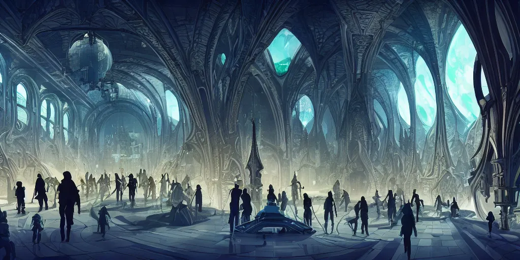 Image similar to cel shaded cinematic shot of the interior of a sci-fi space station with ornate Elven architecture bustling with people and flying cars, epic castle, gothic architecture, emerald, crystalline, detailed illustration, sharp focus, concept art