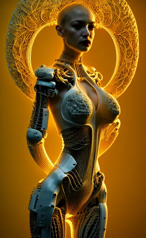 Image similar to intricate hyper detailed ultra sharp 3 d render of a beautiful smooth porcelain seductive cyborg woman portrait, medium shot portrait, bright light, alexandre ferra mecha, haute couture deeply cyberpunk art nouveau huge white fractal mycelum and fungi head ornaments, big embroidered leaves filigree spreaded roots, yellow infrared, octane render, volumetric cinematic lighting, 8 k, vray tracing