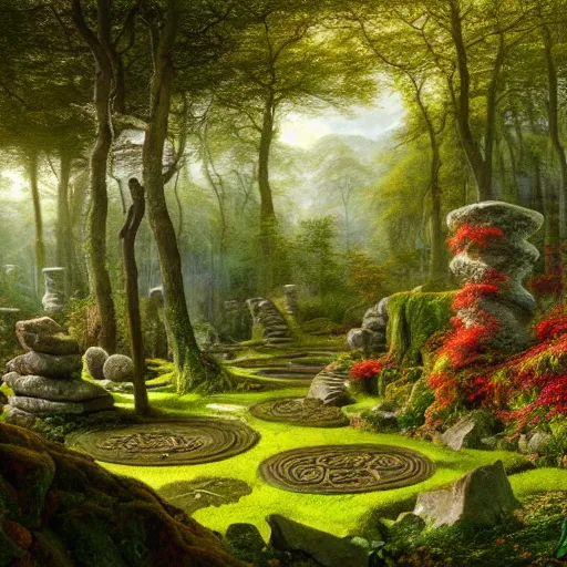 Image similar to a beautiful and highly detailed matte painting of a lush garden in a beautiful forest, carved celtic stone runes, psychedelic colors, intricate details, epic scale, insanely complex, hyperdetailed, artstation, cgsociety, 8 k, sharp focus, hyperrealism, by caspar friedrich, albert bierstadt, james gurney, brian froud,