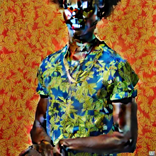 Image similar to A portrait of a scrawny stylish and beautiful non-binary person, oil painting by Kehinde Wiley, majestic, detailed, high resolution