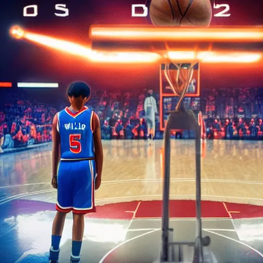 Image similar to will from stranger things playing basketball and making a shot in an nba stadium , close up shot, wide angle, lens flares