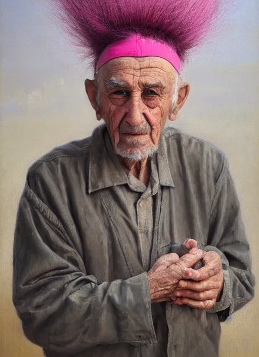 Image similar to a portrait of old man with a pink mohawk by iman maleki, punk rock, oil painting, muted colours, soft lighting