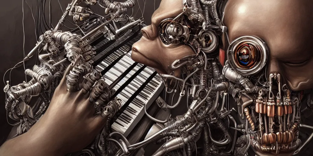 Image similar to portrait of a cyborg monkey who plays piano, biomechanical, hyper detailed, trending on artstation