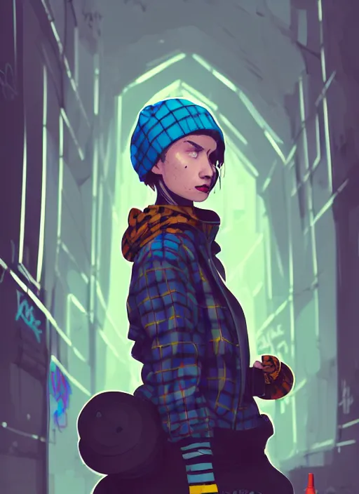 Prompt: highly detailed portrait of a sewer punk lady student, blue eyes, tartan hoody, hat, white hair by atey ghailan, by greg rutkowski, by greg tocchini, by james gilleard, by joe fenton, gradient yellow, black, brown and cyan color scheme, grunge aesthetic!!! ( ( graffiti tag wall ) )