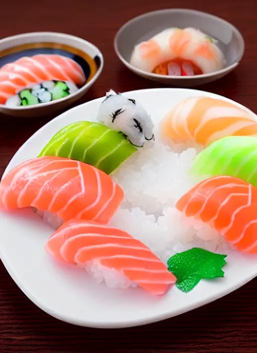 Prompt: clear photorealistic picture of simple cute cat paws made from sushi rice, sitting on sushi plates with garnish