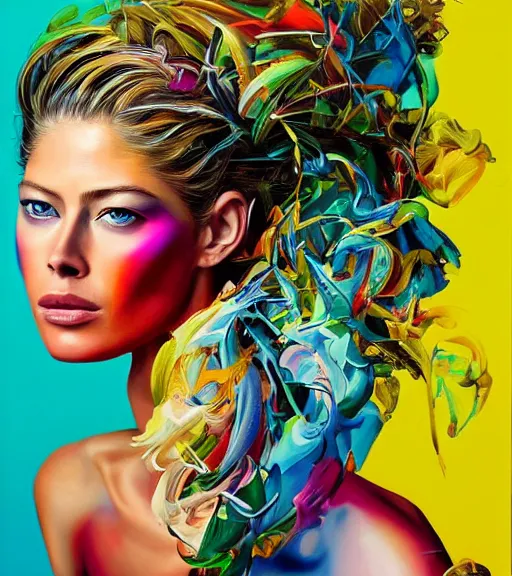 Image similar to beautiful painting of doutzen kroes, contemporary, colorful acrylic, airbrush painting, realistic portrait by kehinde wiley and archan nair