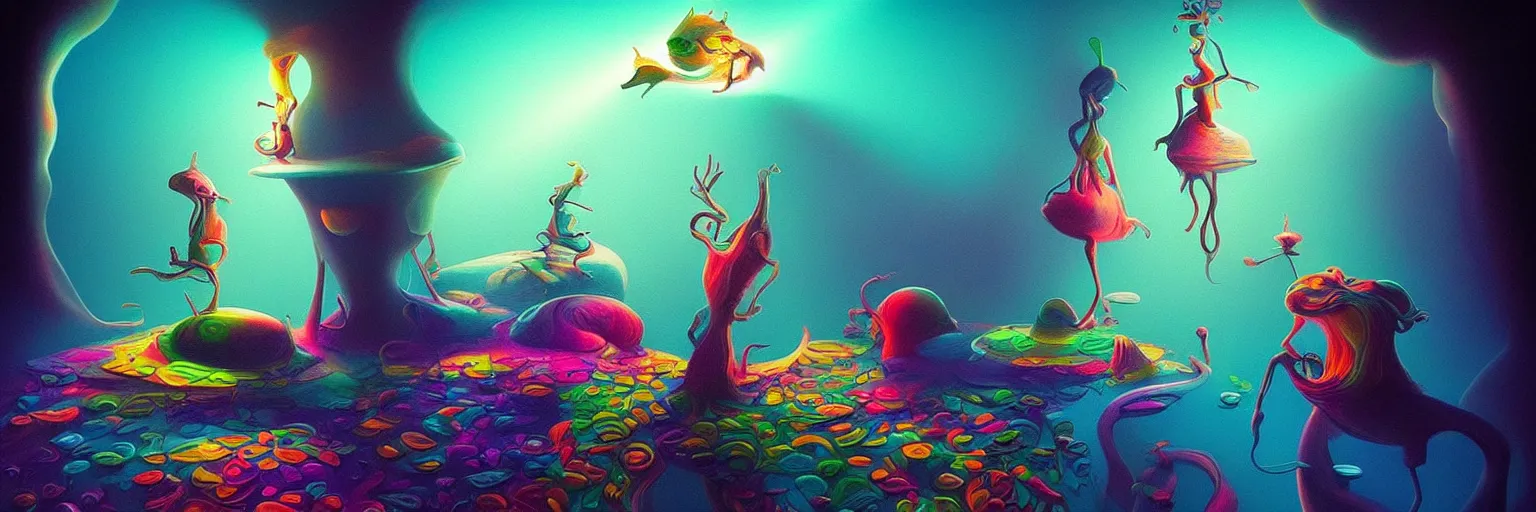 Prompt: whimsical microscopic imaginal creatures from the depths of the collective unconsciouis, dramatic lighting light rays, surreal darkly colorful painting by ronny khalil