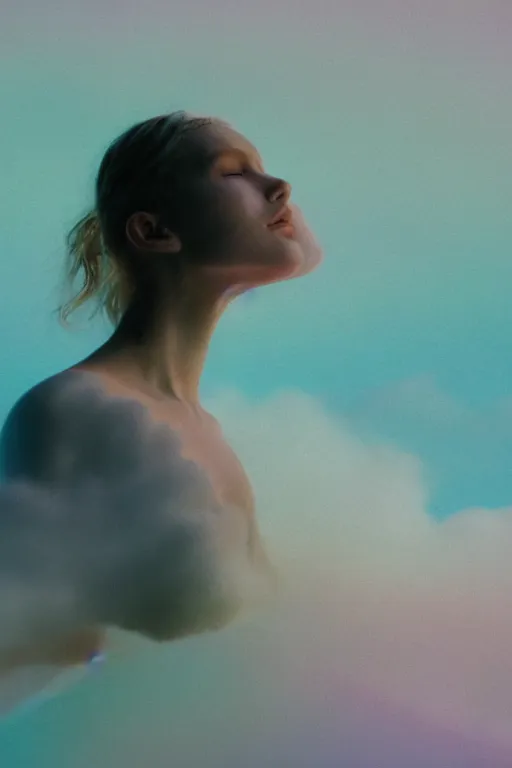 Image similar to high quality pastel coloured film close up wide angle photograph of a model wearing clothing swimming on cloud furniture in a icelandic black rock!! environment in a partially haze filled dreamstate world. three point light, rainbow. photographic production. art directed. pastel colours. volumetric clouds. pastel gradient overlay. waves glitch artefacts. extreme facial clarity. 8 k. filmic.