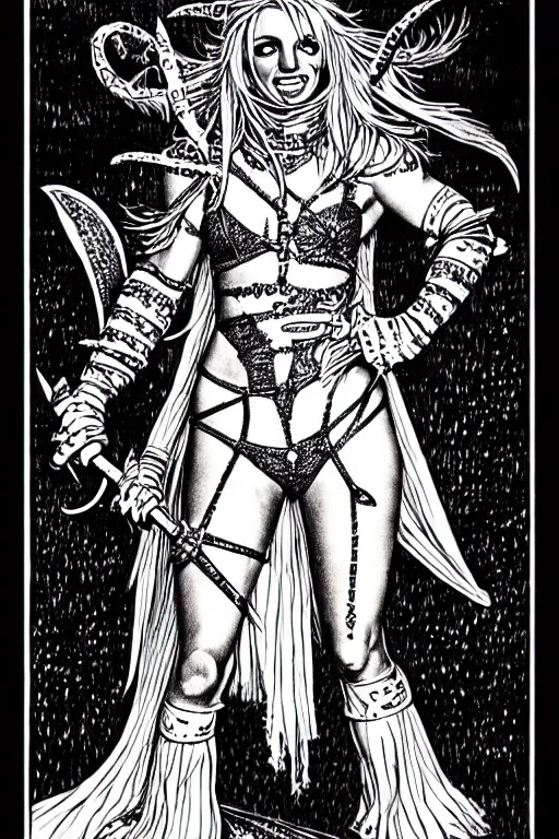 Image similar to britney spears as a d & d monster, full body, pen - and - ink illustration, etching, by russ nicholson, david a trampier, larry elmore, 1 9 8 1, hq scan, intricate details, inside stylized border