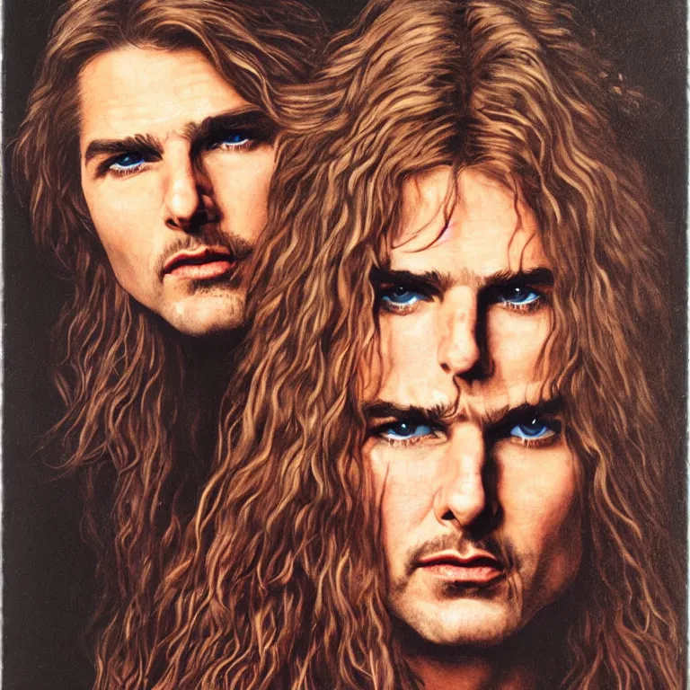 Image similar to Pre-Raphaelite portrait of Tom Cruise as the leader of a cult 1980s heavy metal band, with very long blond hair and grey eyes