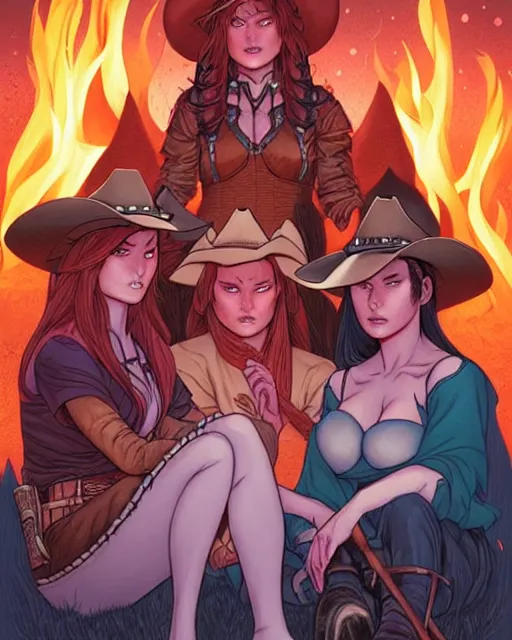 Prompt: fantasy comic cover art of a ( ( trio of cowgirls ) ) sitting around a bonfire, detailed faces, illustration by jenny frison and sana takeda and kenichi sonoda, intricate details, stunning inking lines, stunning gradient colors, 4 k, hd, artstation, award winning