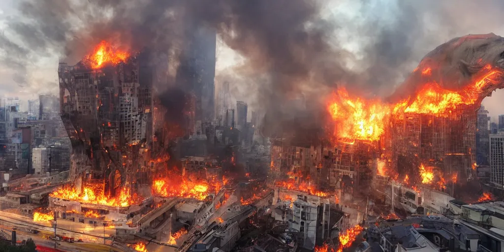 Image similar to wide angle photo, a epic side robot pig machine breaking down buildings on fire in a city, in the style of a kaiju monster movie